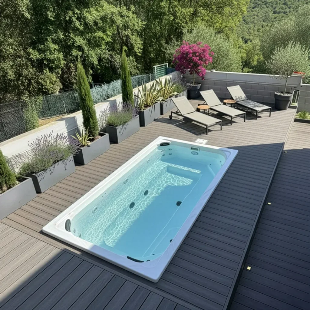 En Provence, non loin de Fayence, une spa de nage Positano de Giovanni Riboli, est encastré dans une terrasse en bois d'une maison entourée par la garrigue.