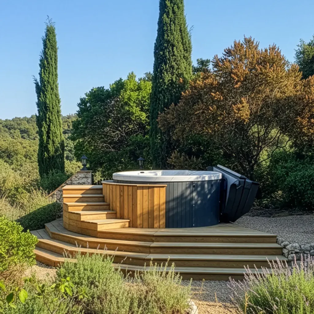 A Brignoles, spa 5 places de massage dynamique places, rond modèle Rimini de Giovanni Riboli installé sur une estrade en bois avec escalier intégré dans un jardin méditerranéen.Spa rond modèle Rimini de Giovanni Riboli installé sur une estrade en bois avec escalier intégré dans un jardin méditerranéen.